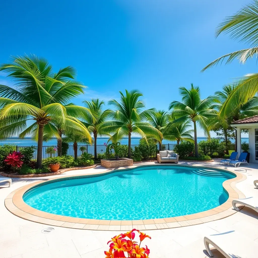 Coastal pool in Clearwater, Florida with Gulf Coast landscaping and palm trees