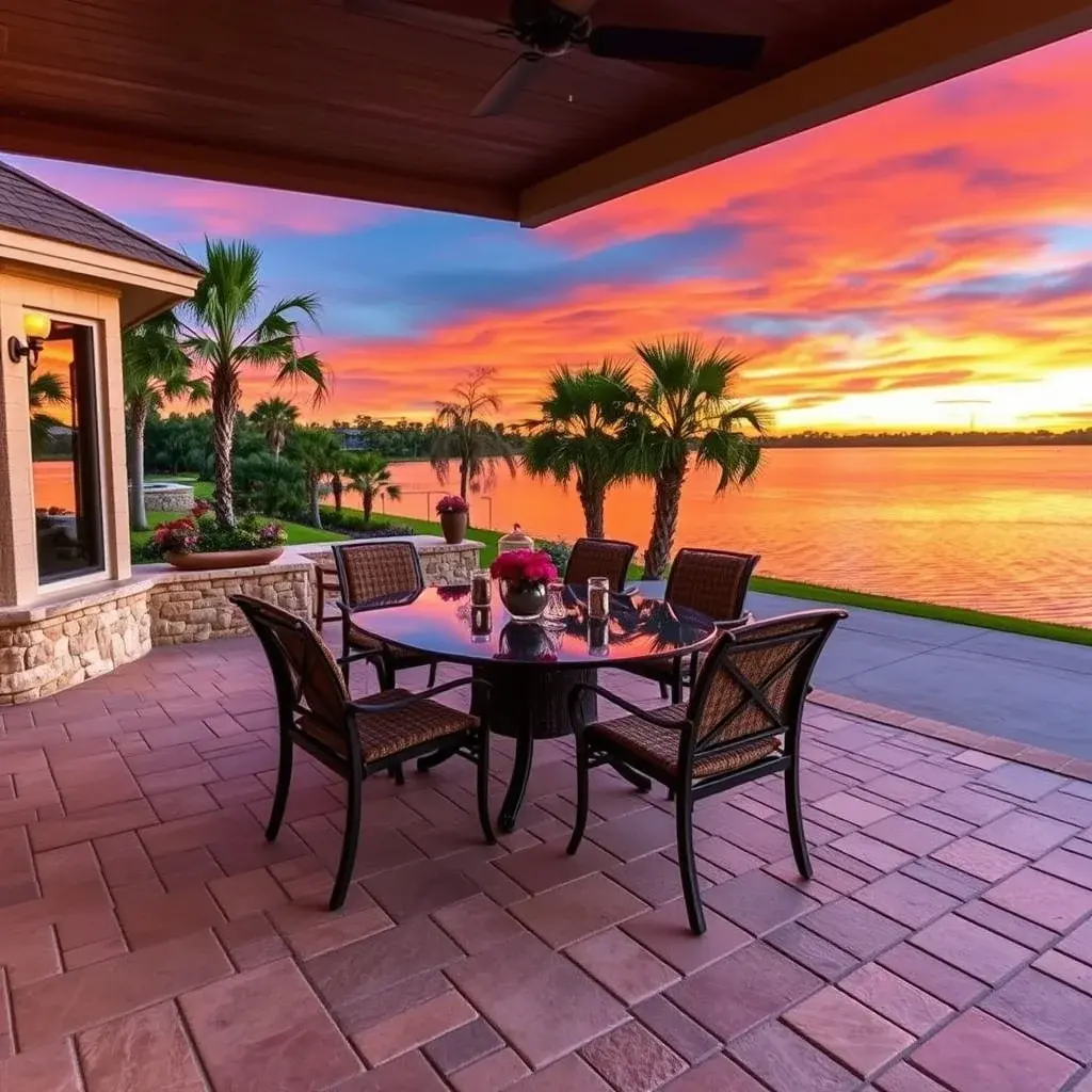 Lakefront patio in Clermont, Florida with travertine flooring and panoramic lake view