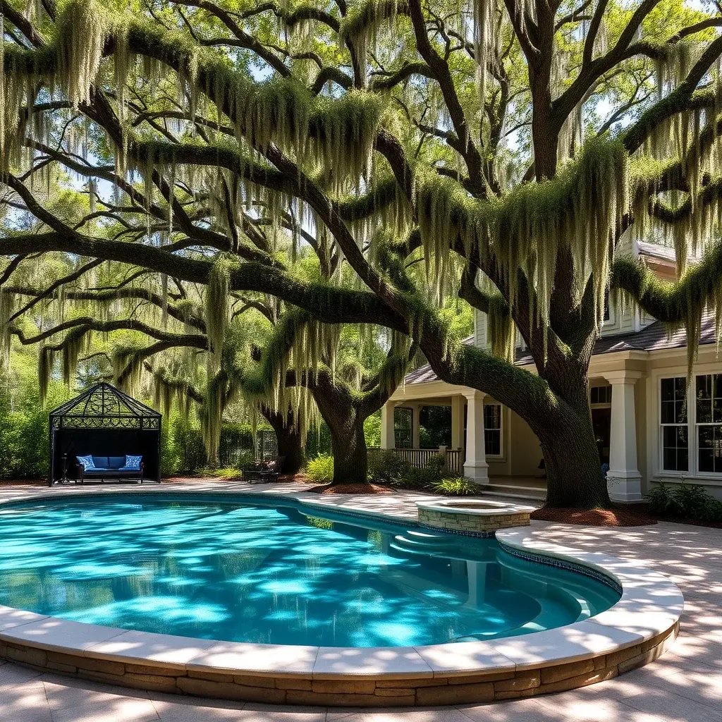 Residential swimming pool in Gainesville, Florida with oak tree landscaping