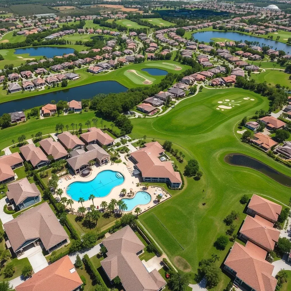 The Villages, Florida — aerial view of retirement community with pools and golf courses