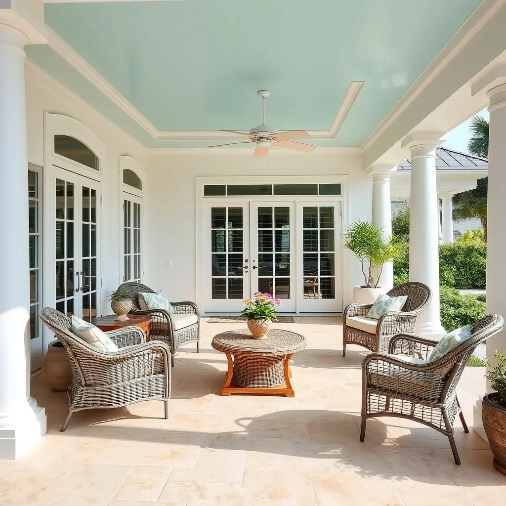 Coastal patio with light colors, travertine, and weather-resistant wicker furniture