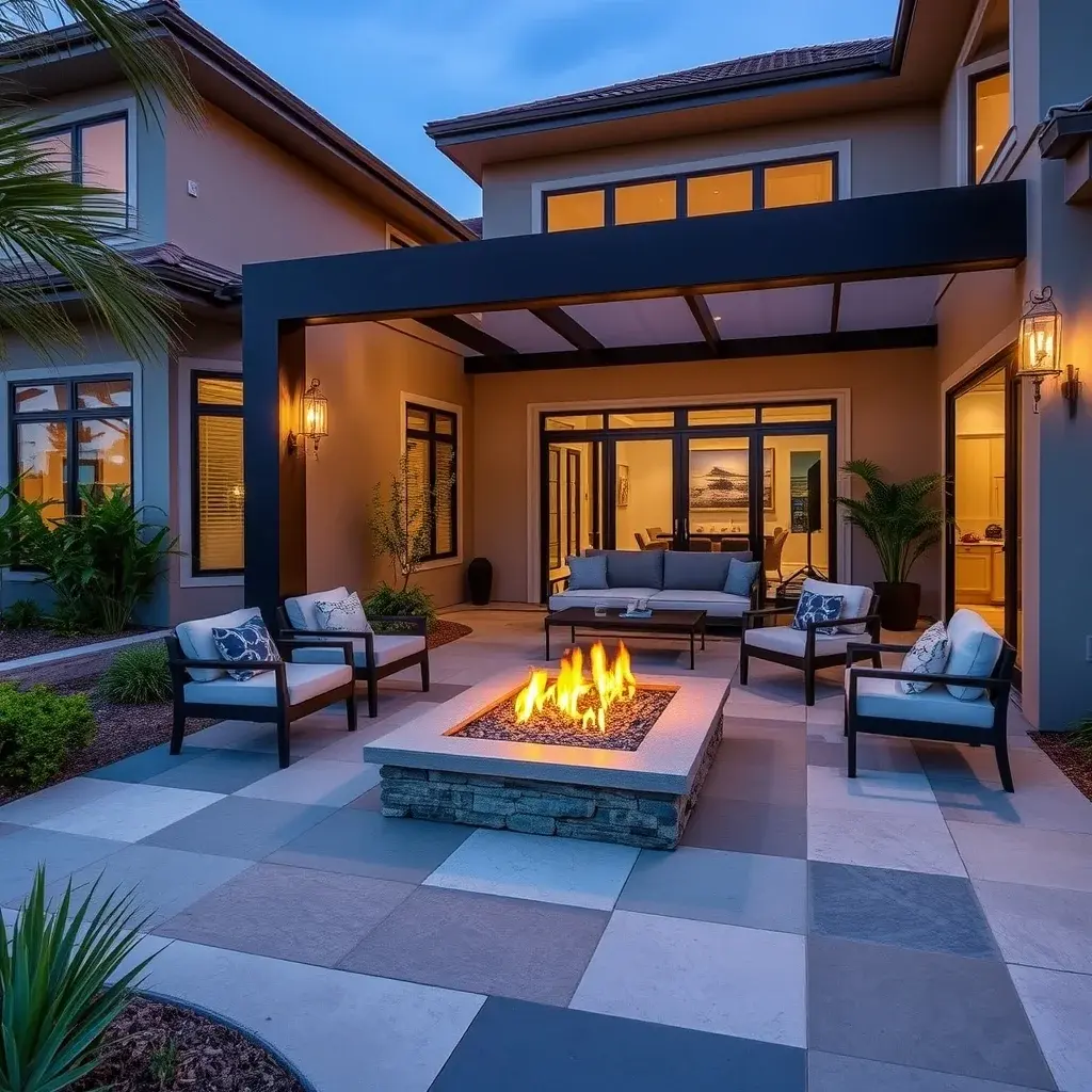 Contemporary patio with mixed materials, fire feature, and current design trends