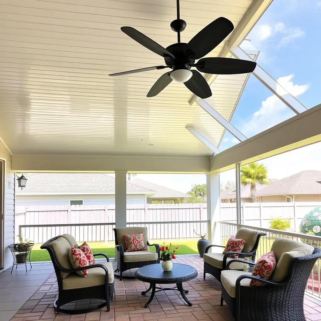 Covered patio with solid roof structure, outdoor furniture, and ceiling fan