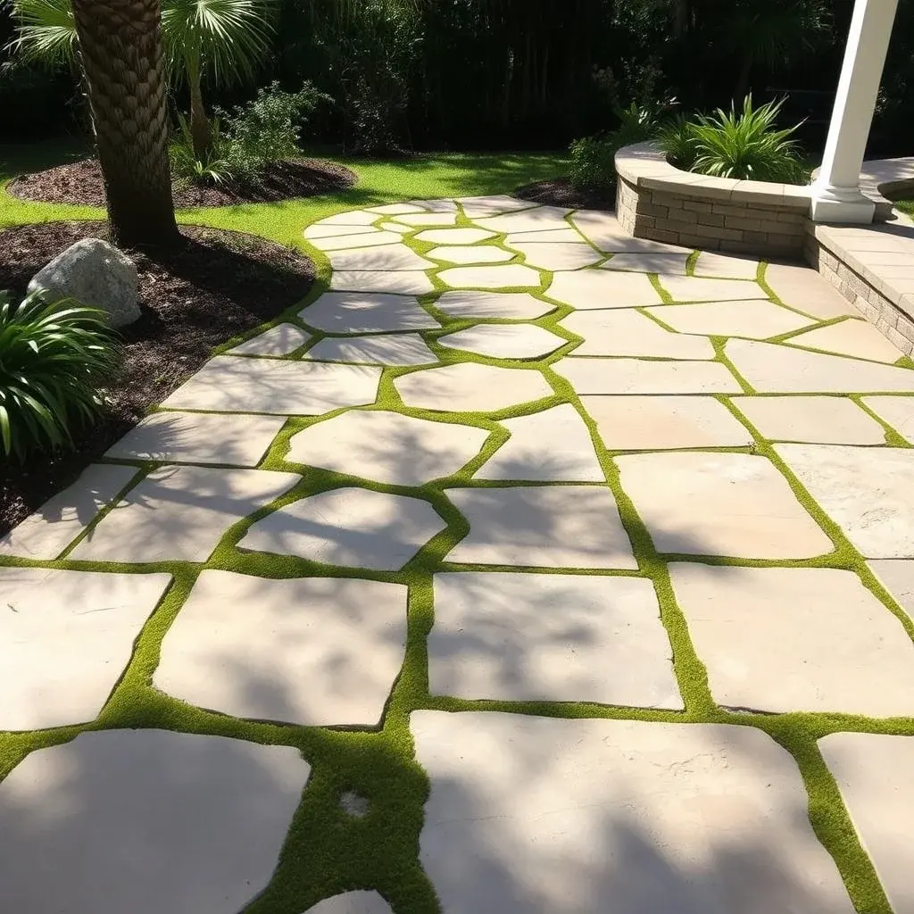 Irregular flagstone patio with natural stone stepping stones and moss joints