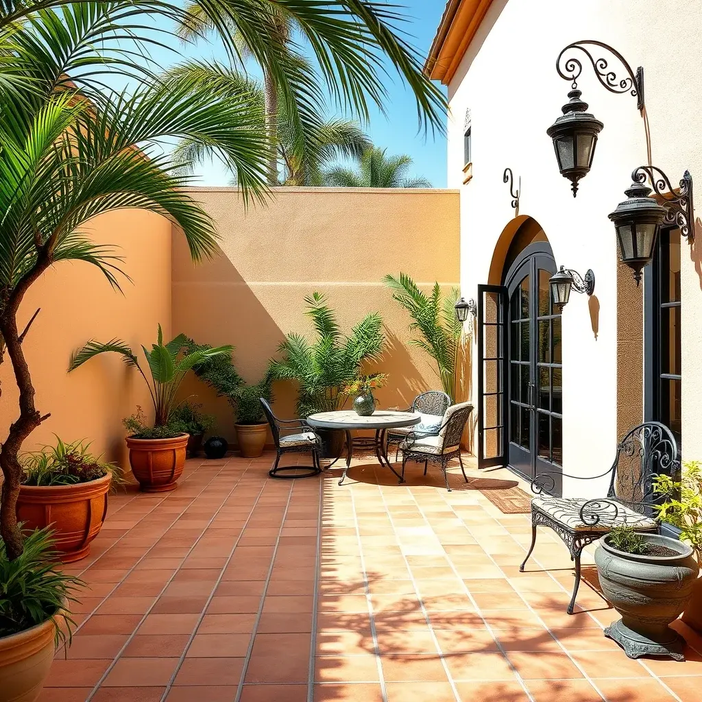 Mediterranean patio with terra cotta tiles, stucco wall, and wrought iron accents