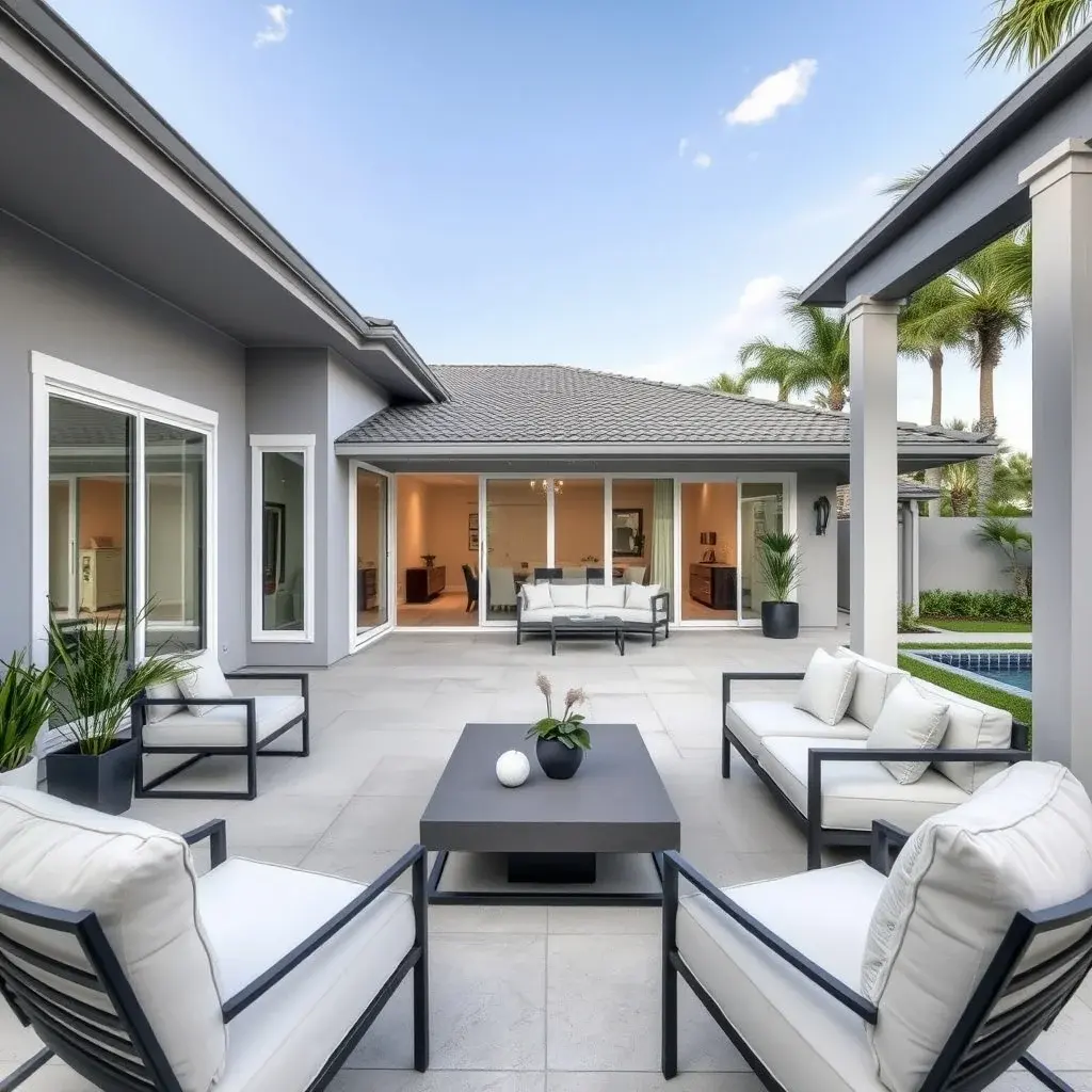 Modern patio with clean lines, minimalist furniture, and neutral gray palette