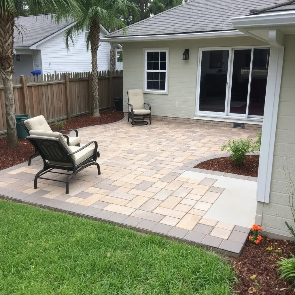 Patio extension blending new paver section with existing concrete patio surface