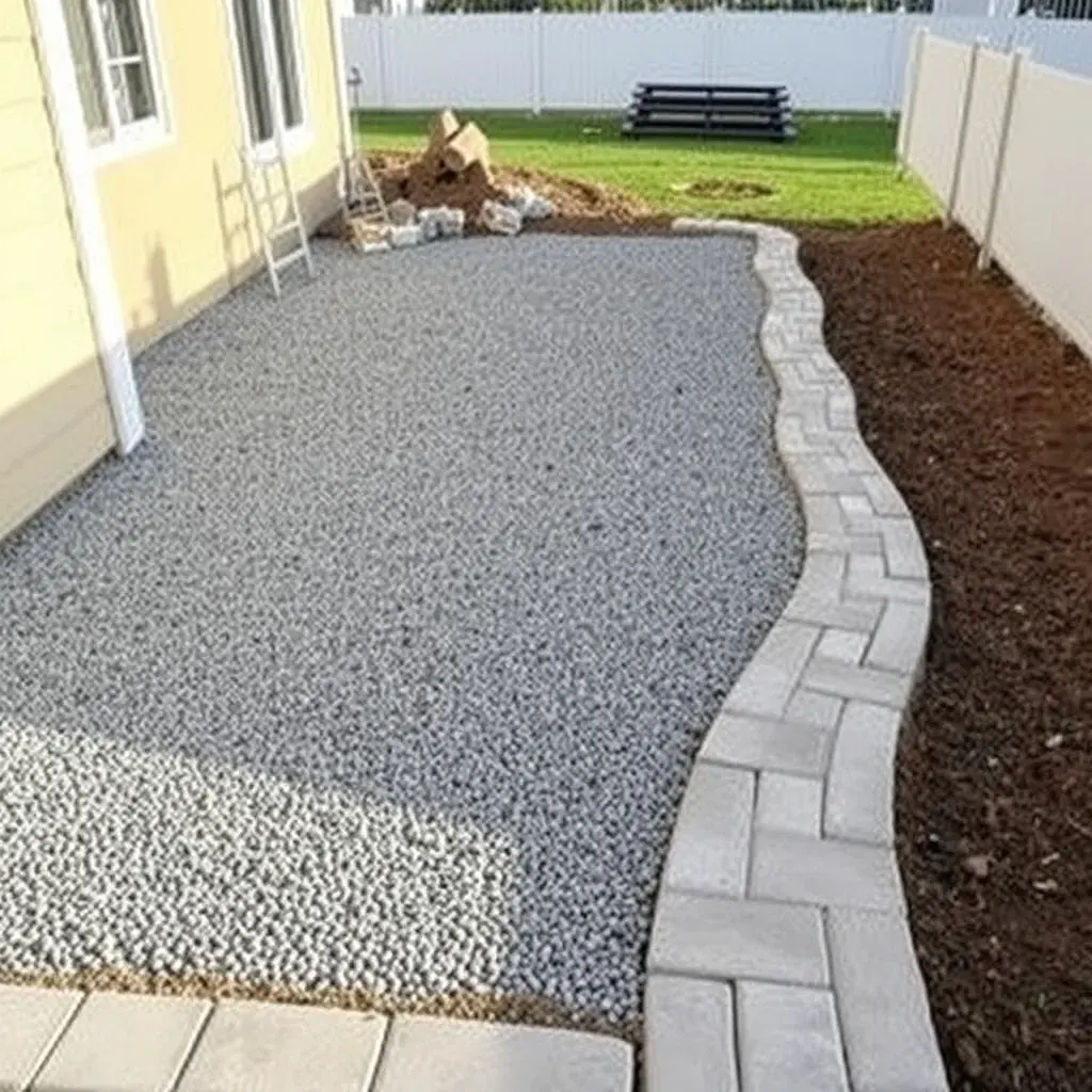 Patio installation showing base preparation, gravel layer, and paver installation