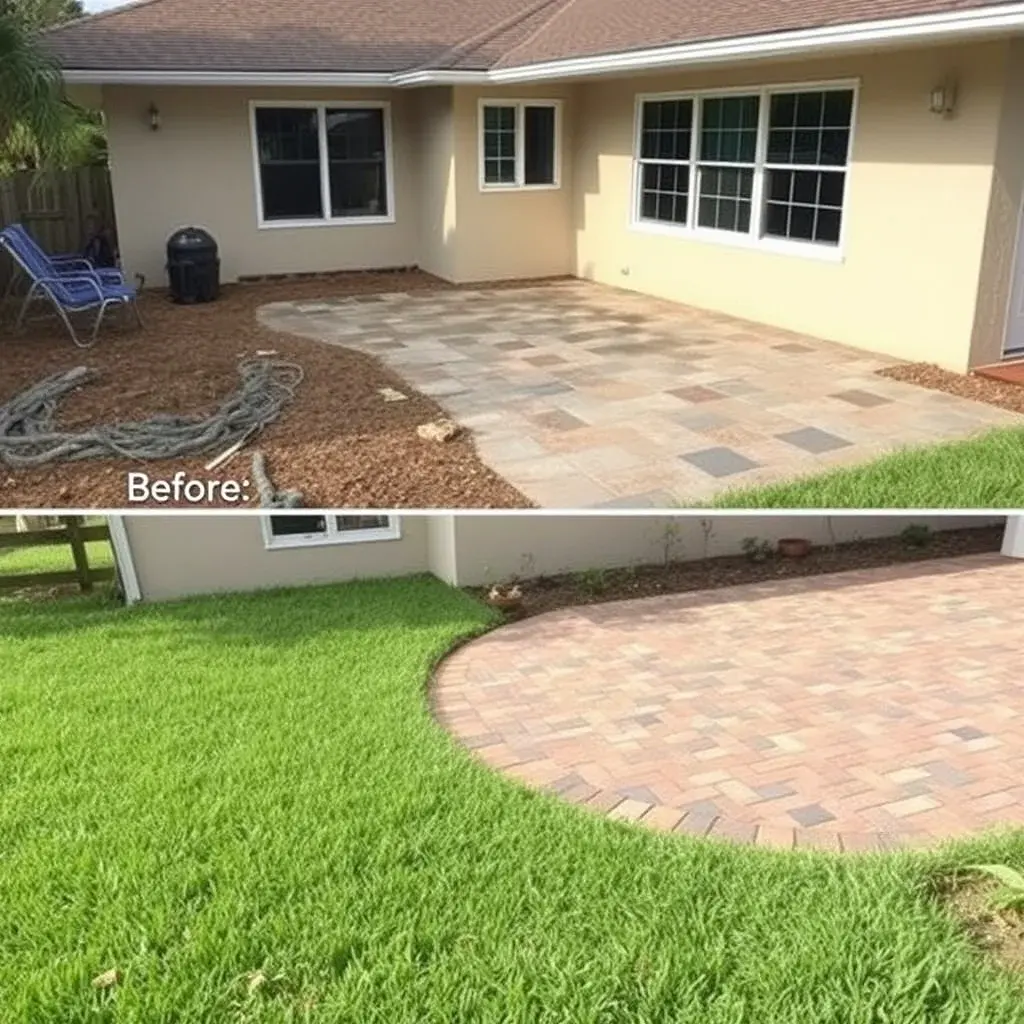 Patio remodeling showing old surface removal and new paver installation
