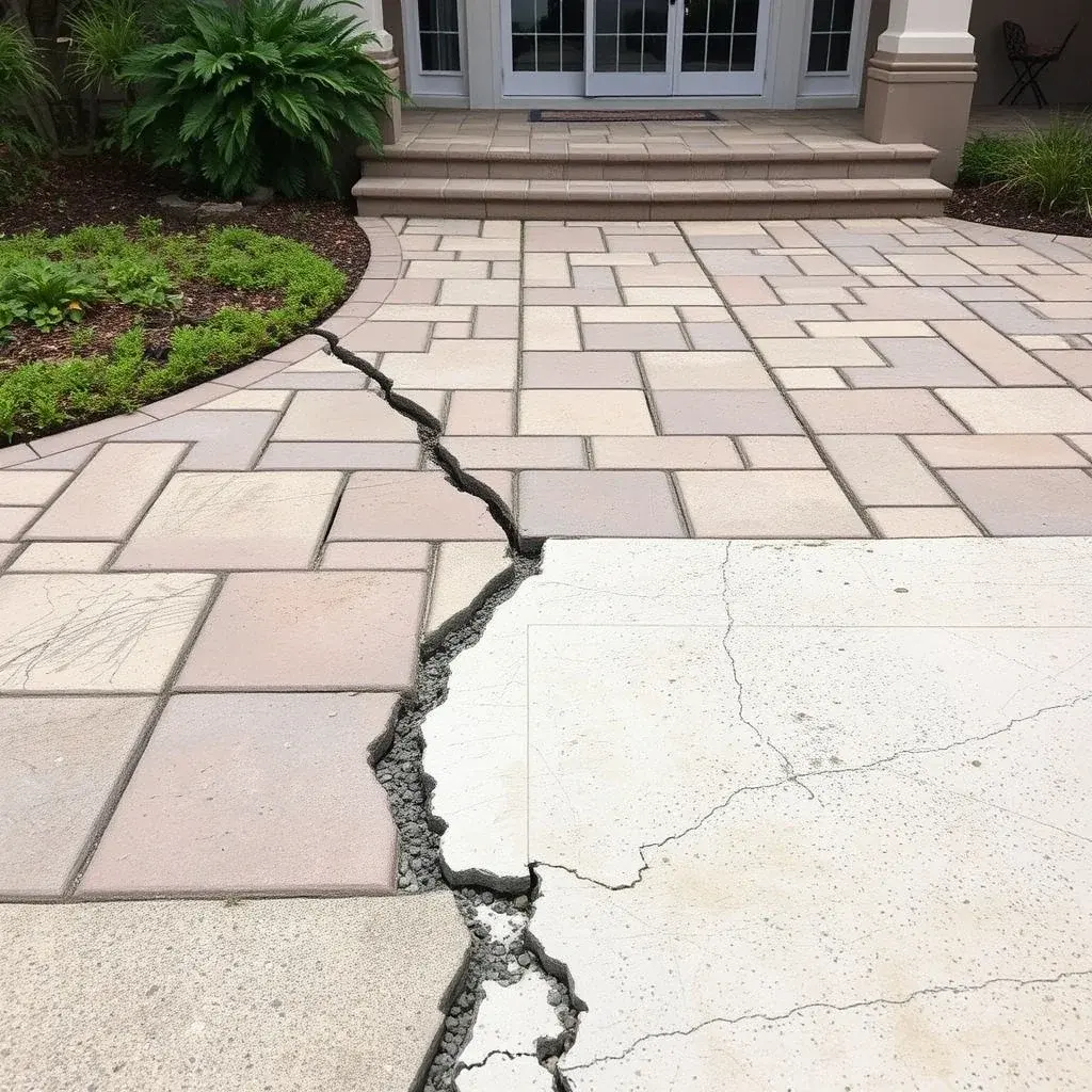 Patio crack repair showing settled pavers and surface damage on concrete