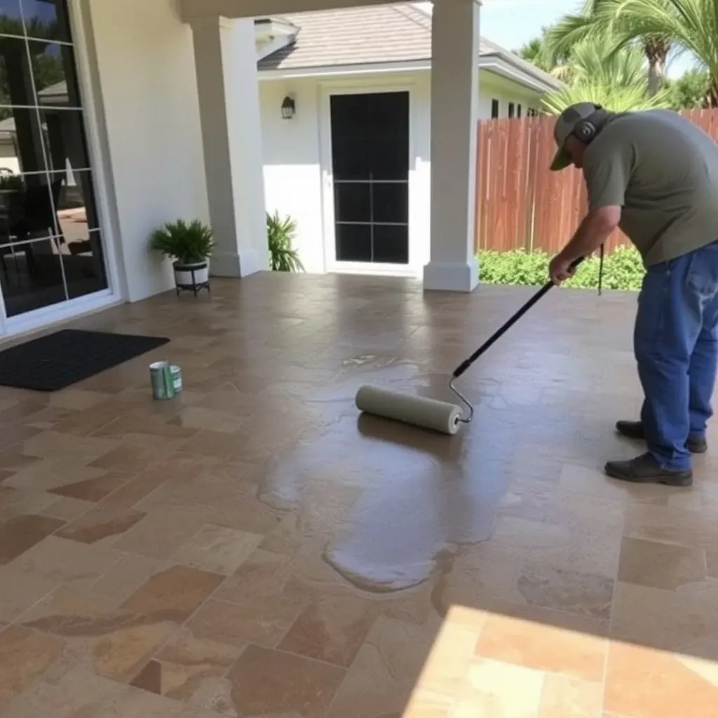 Patio sealing being applied by roller to stamped concrete surface