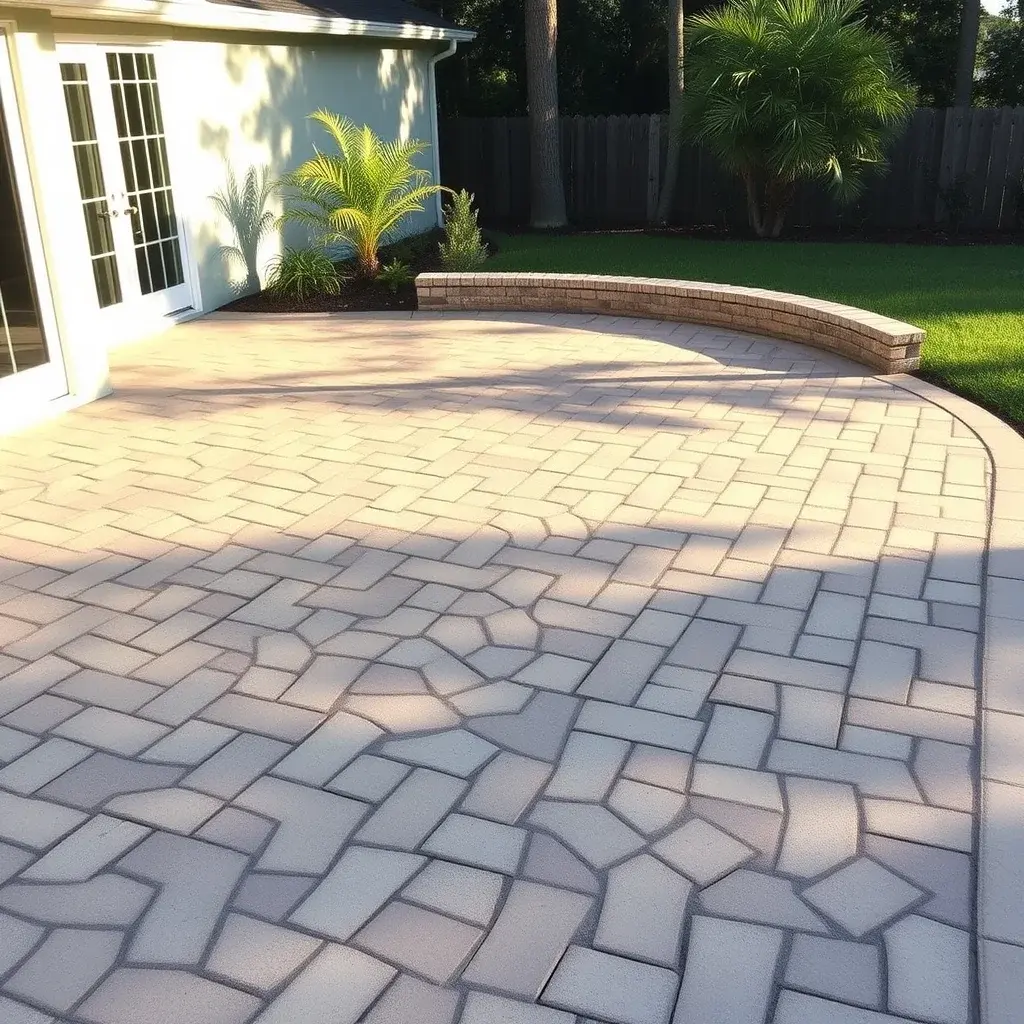 Interlocking paver patio with geometric herringbone pattern