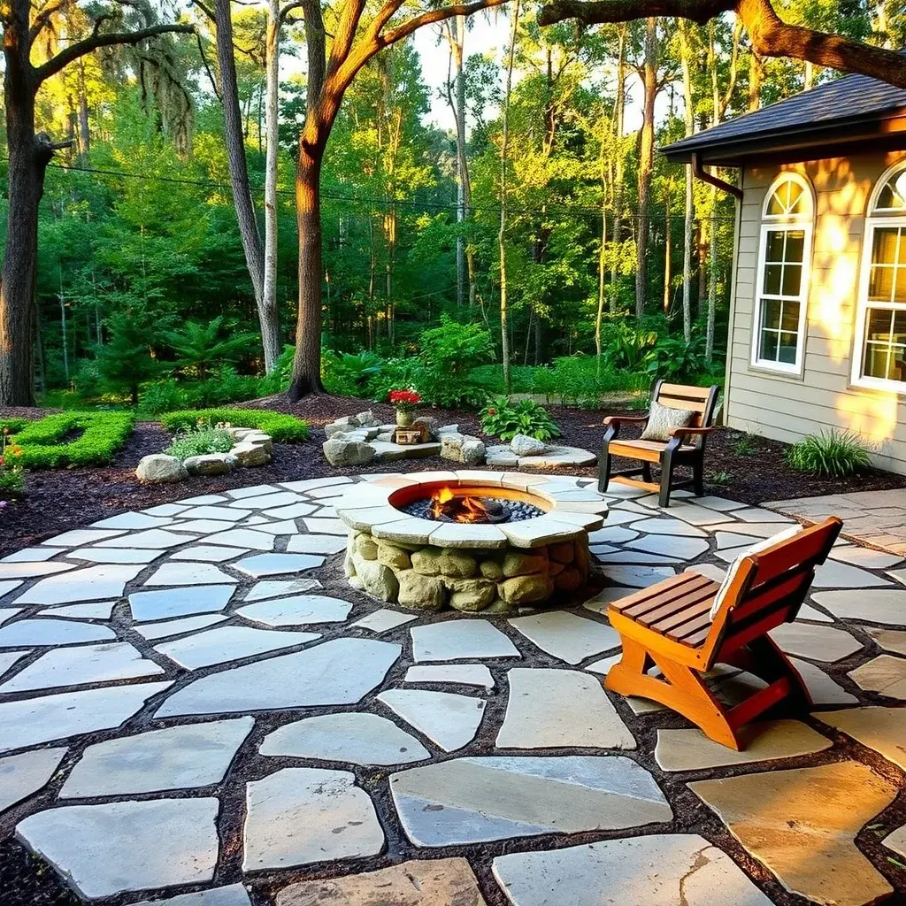 Rustic patio with irregular flagstone, wood bench, and stone fire pit