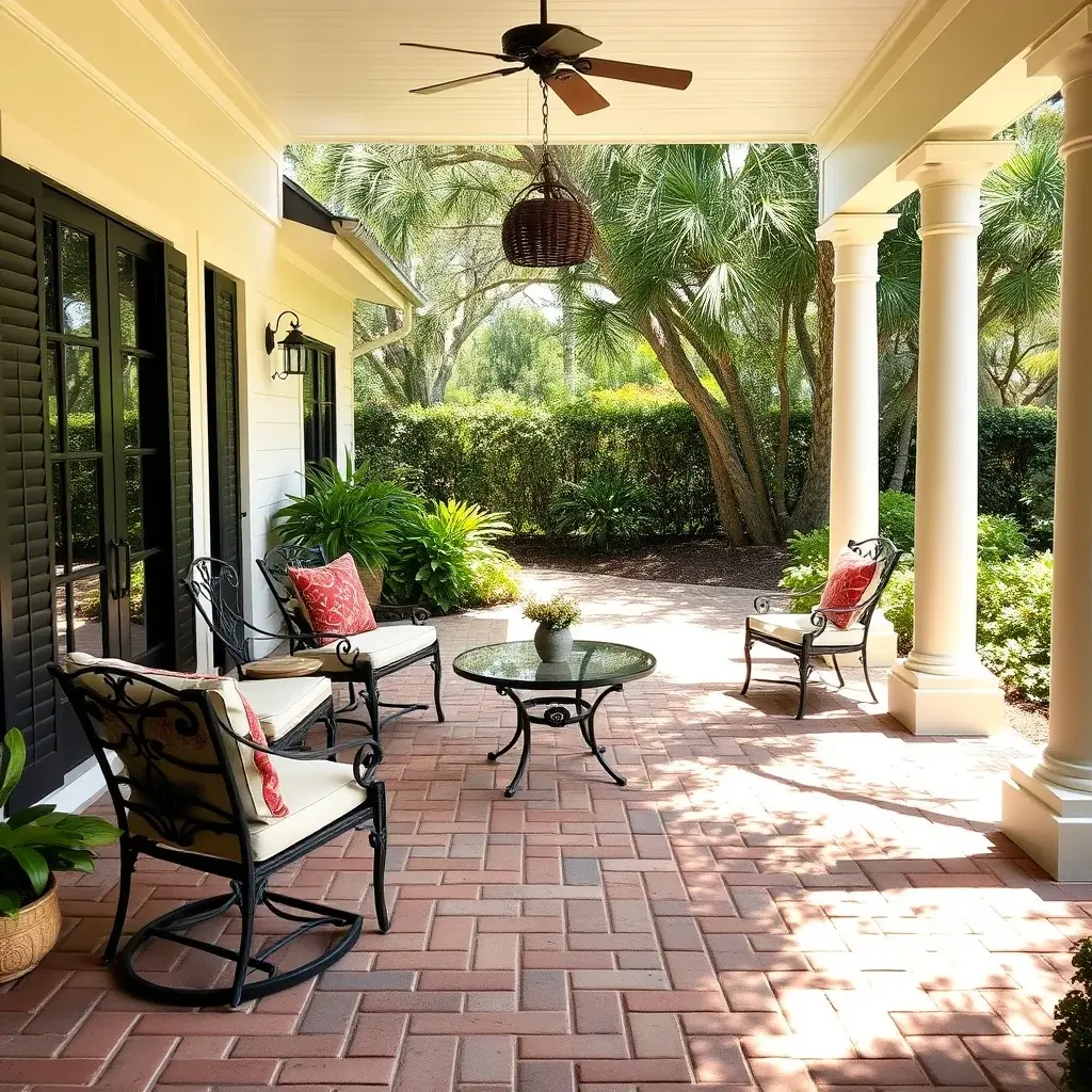 Traditional patio with brick pavers, wrought iron furniture, and symmetrical layout
