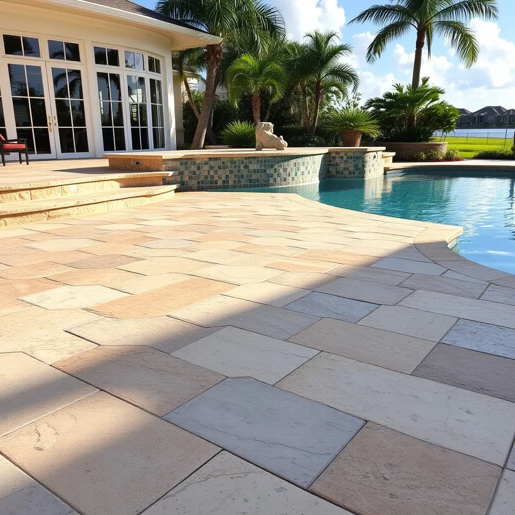 Travertine paver pool deck with natural stone texture and warm tones