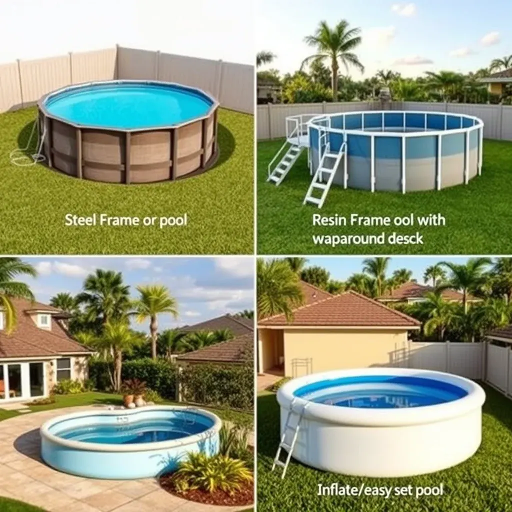 Modern above-ground pool with custom decking and landscaping in a Florida backyard