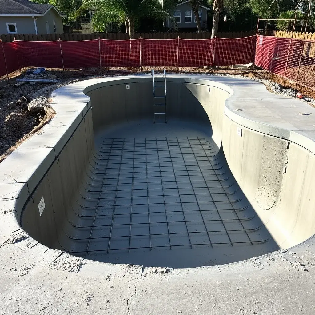 Finished concrete gunite pool with pebble finish finish and integrated spa