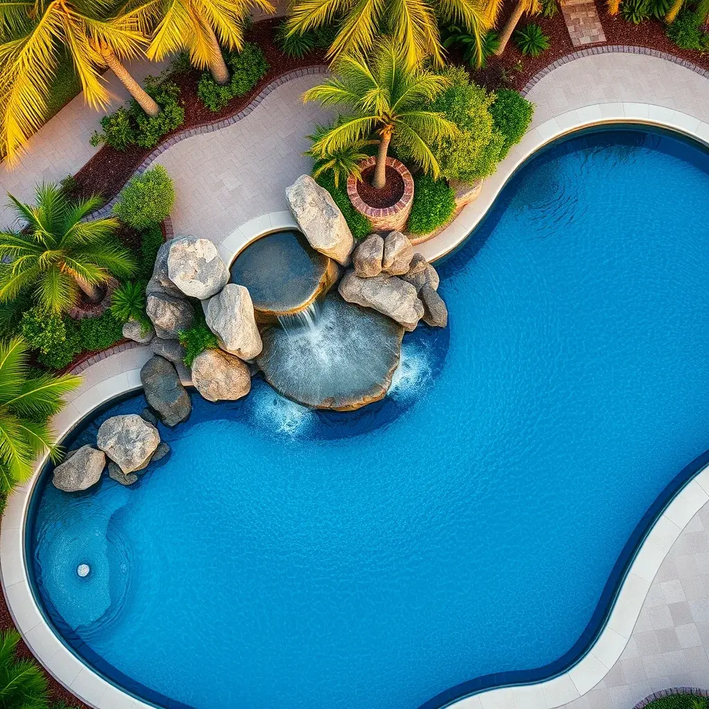 Freeform lagoon-style pool with natural stone borders and tropical landscaping