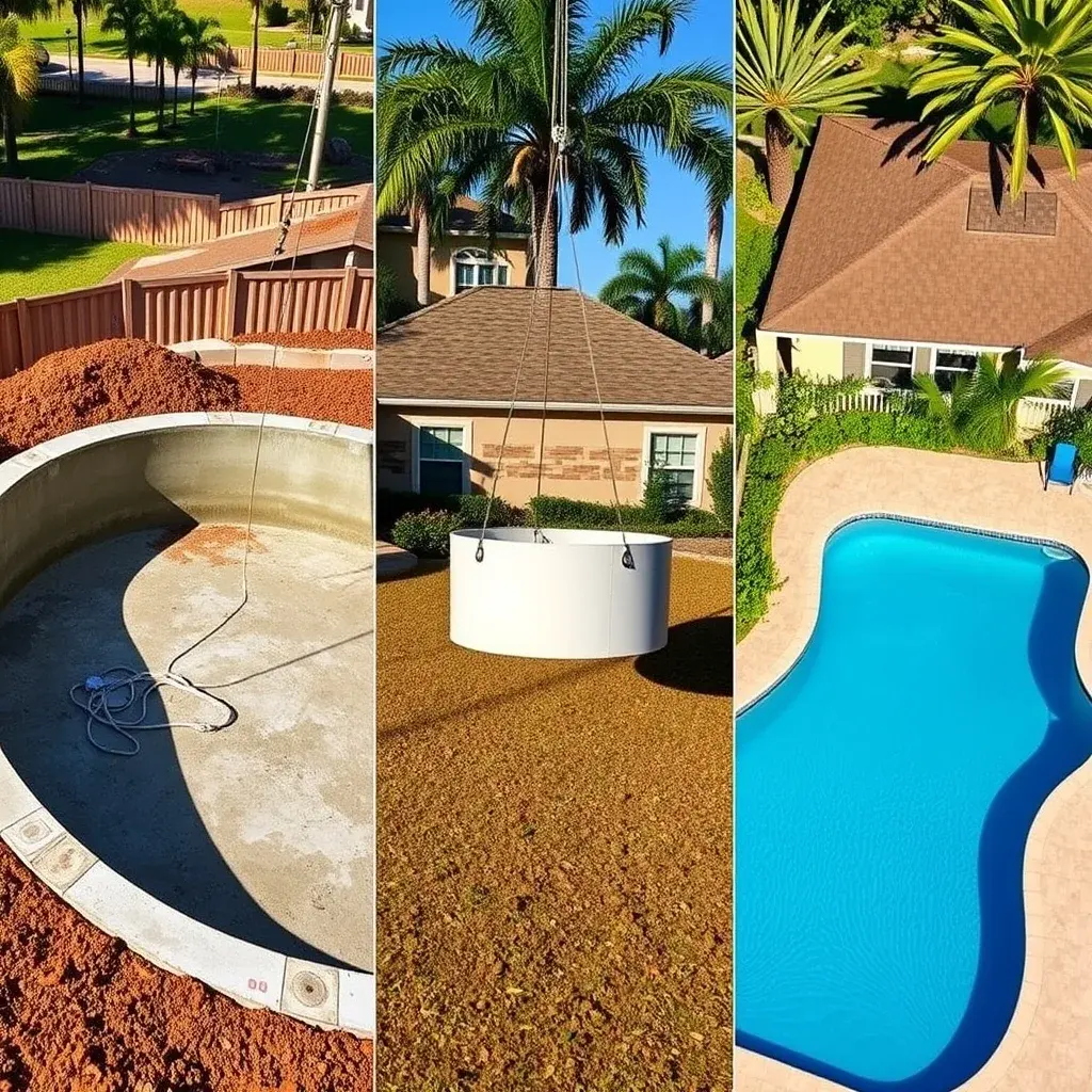 Three types of in-ground pools — concrete gunite, fiberglass shell, and vinyl liner — in residential backyards