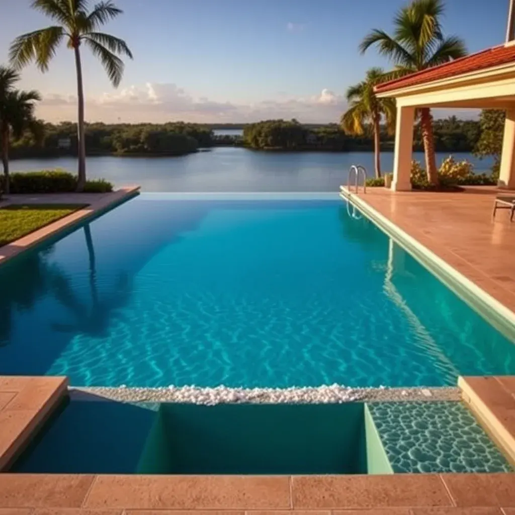 Infinity edge pool overlooking a Florida lake at sunset with vanishing edge