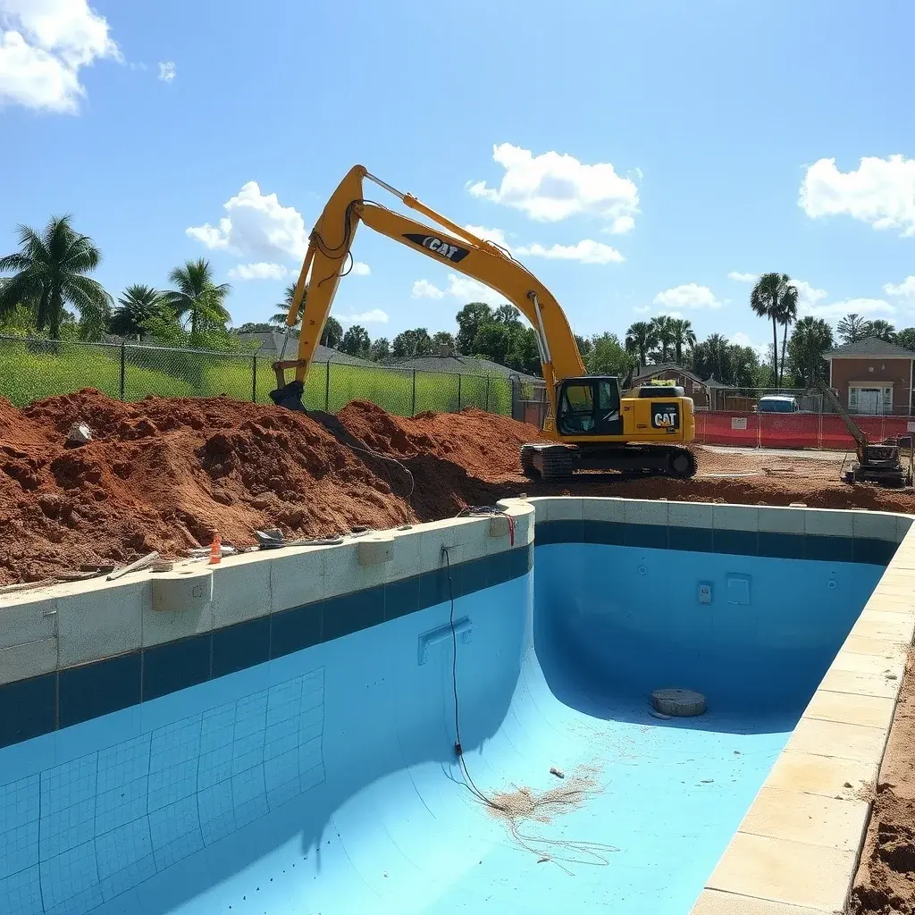 In-ground pool installation showing excavation stage with heavy equipment