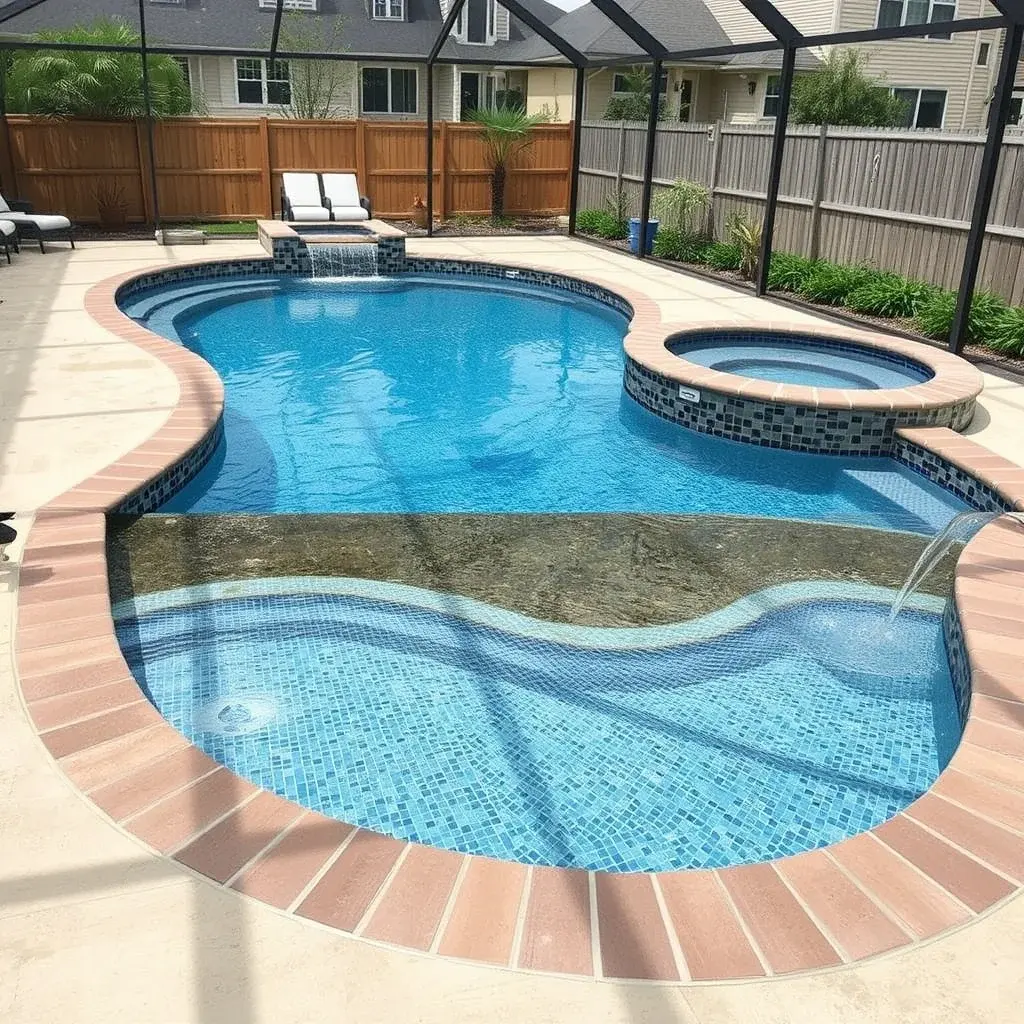 Swimming pool being remodeled with new tile, coping, and water features