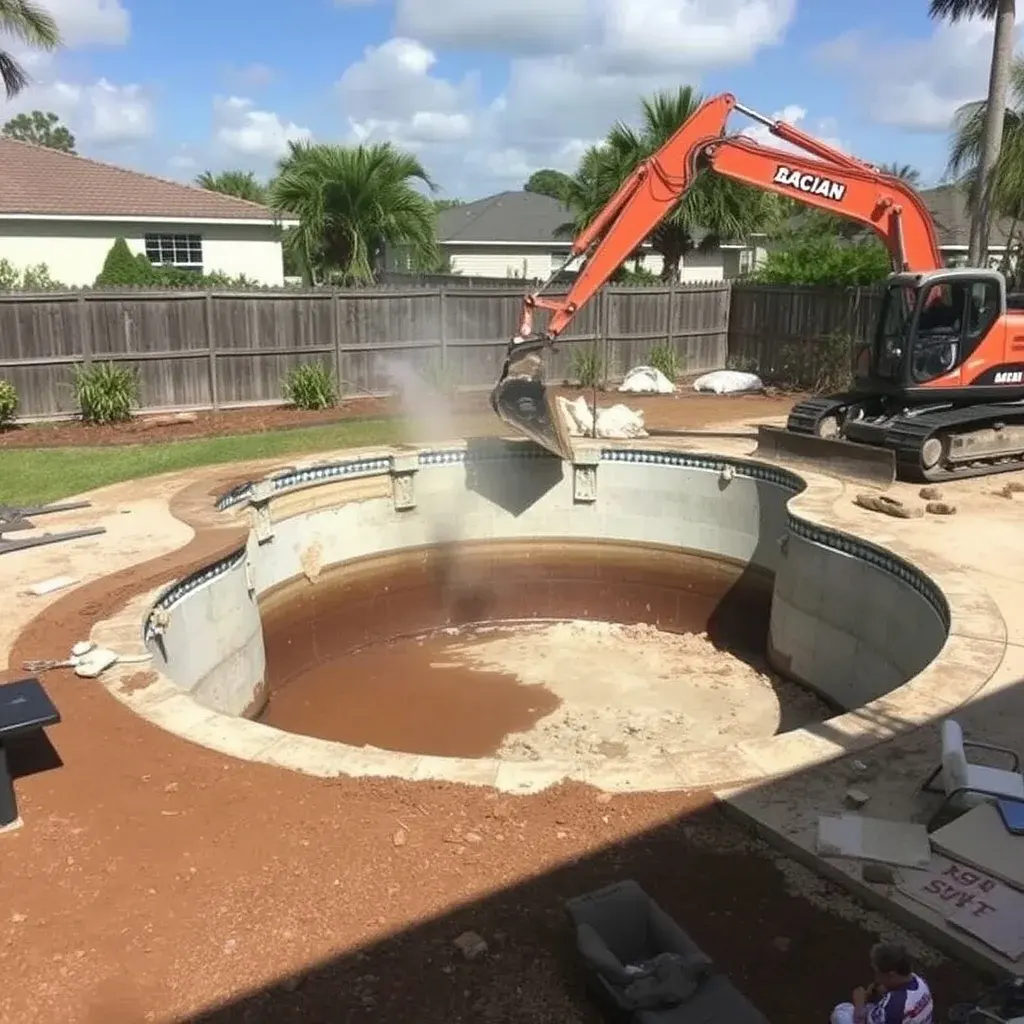 Pool removal showing demolition process with heavy equipment breaking up concrete