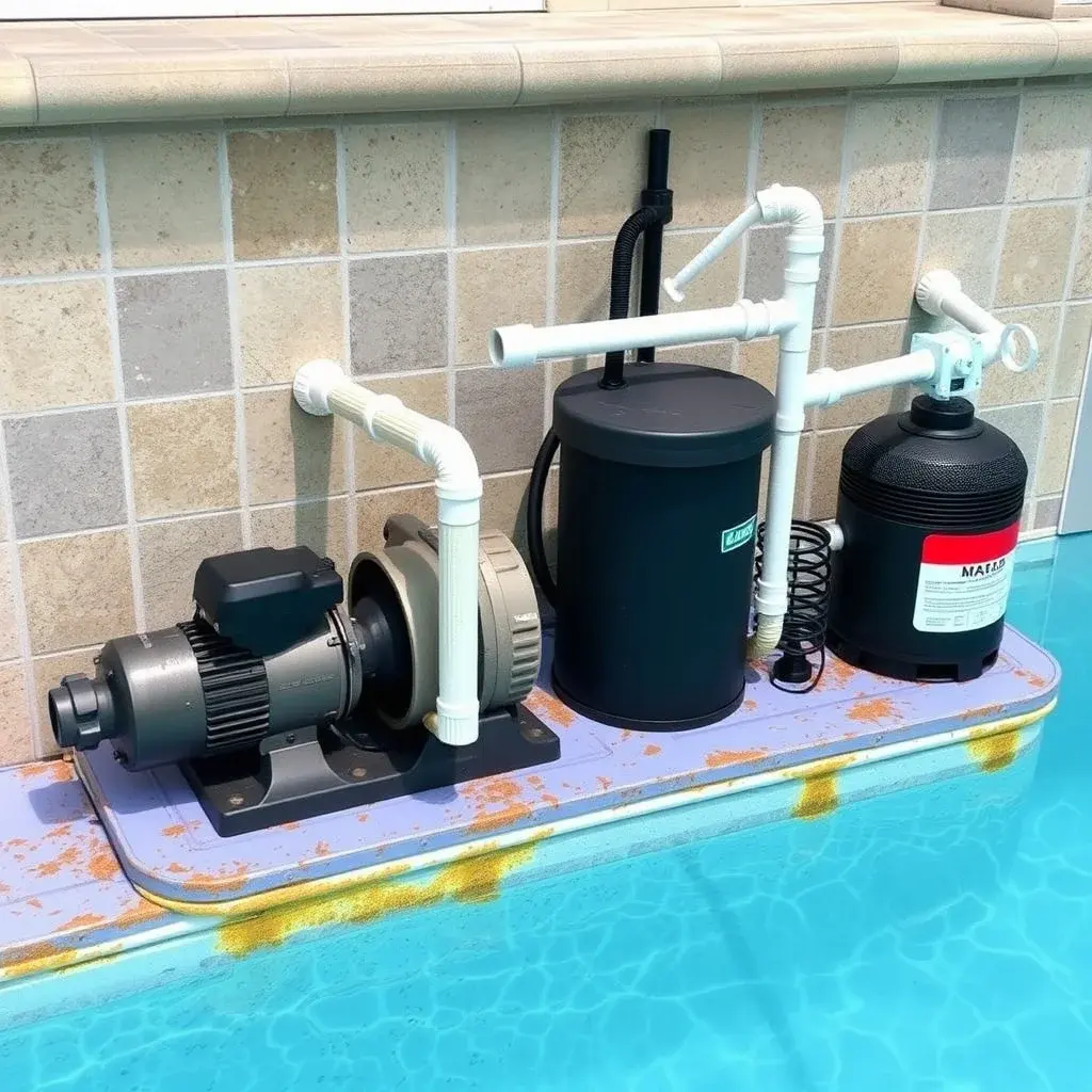 Pool equipment showing pump, filter, and heater systems requiring repair