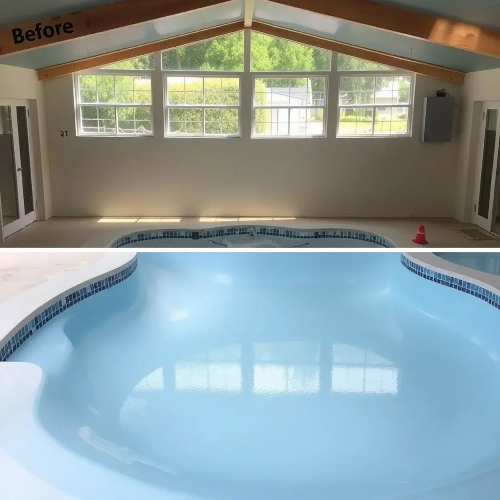 Pool resurfacing showing fresh plaster application on the interior pool surface