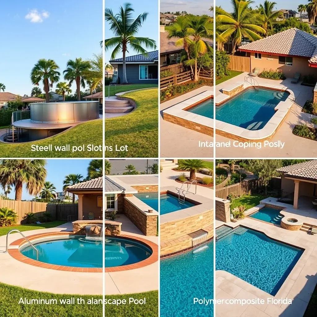 Semi-in-ground pool partially recessed into a sloped backyard with deck