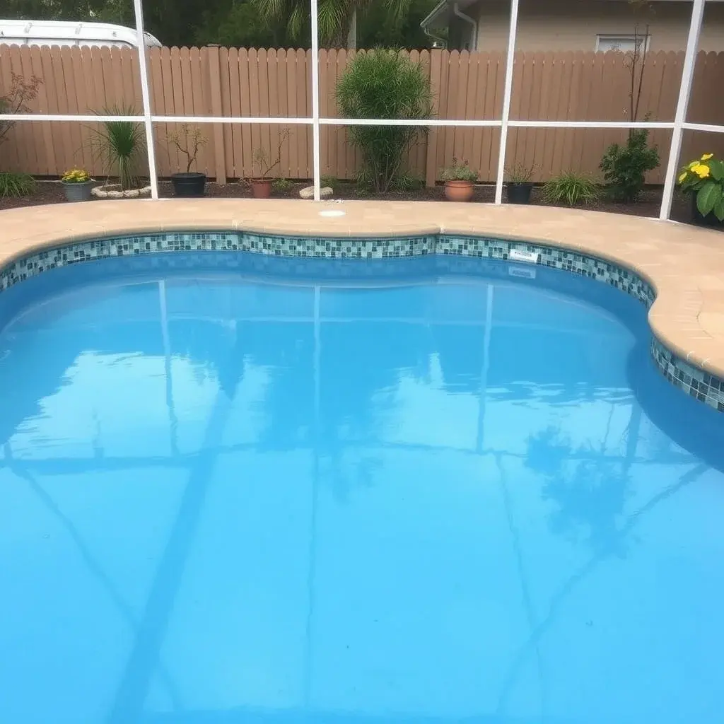 Vinyl liner pool with smooth blue surface and decorative mosaic border