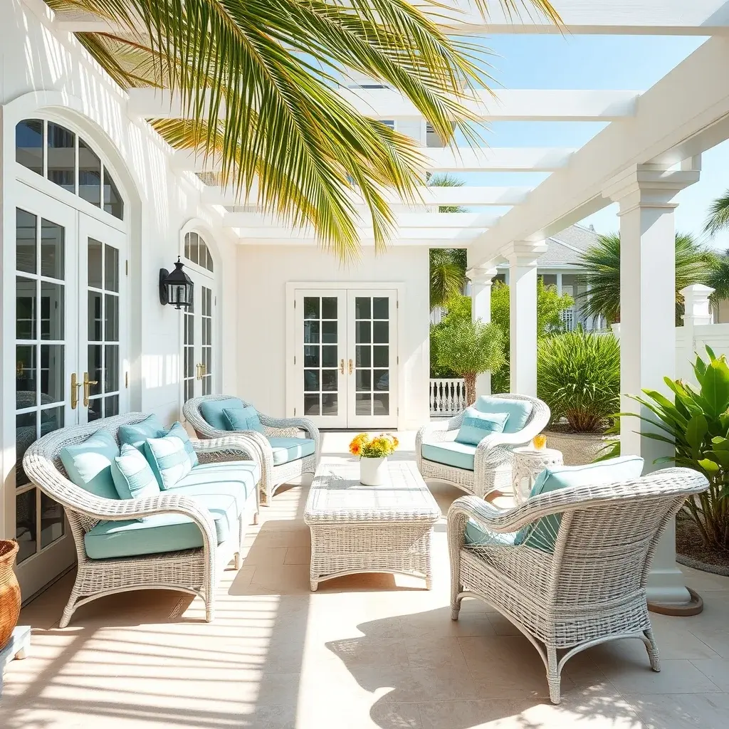 Coastal patio in Clearwater, Florida with weather-resistant furniture and coastal decor