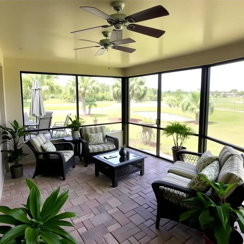 Screened patio with paver flooring in The Villages, Florida retirement community