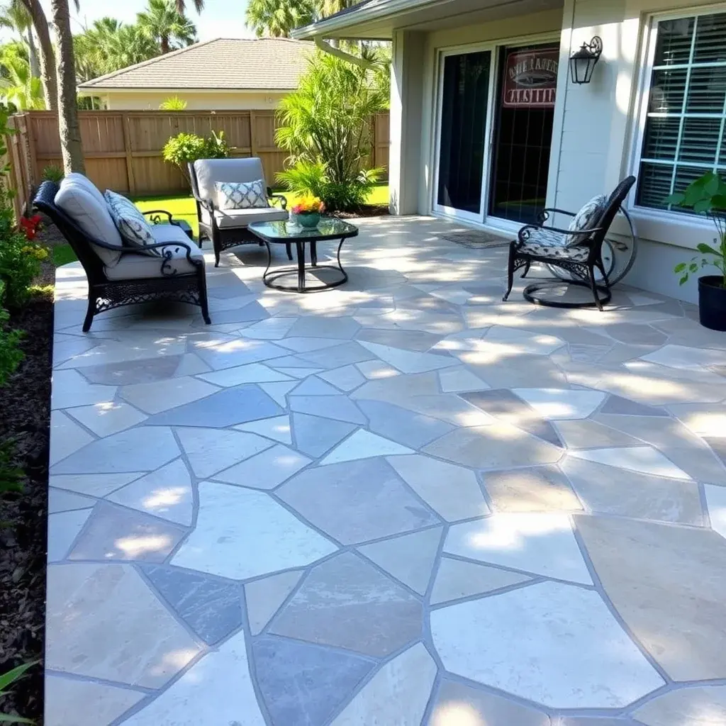 Stamped concrete patio with decorative pattern resembling stone and outdoor furniture