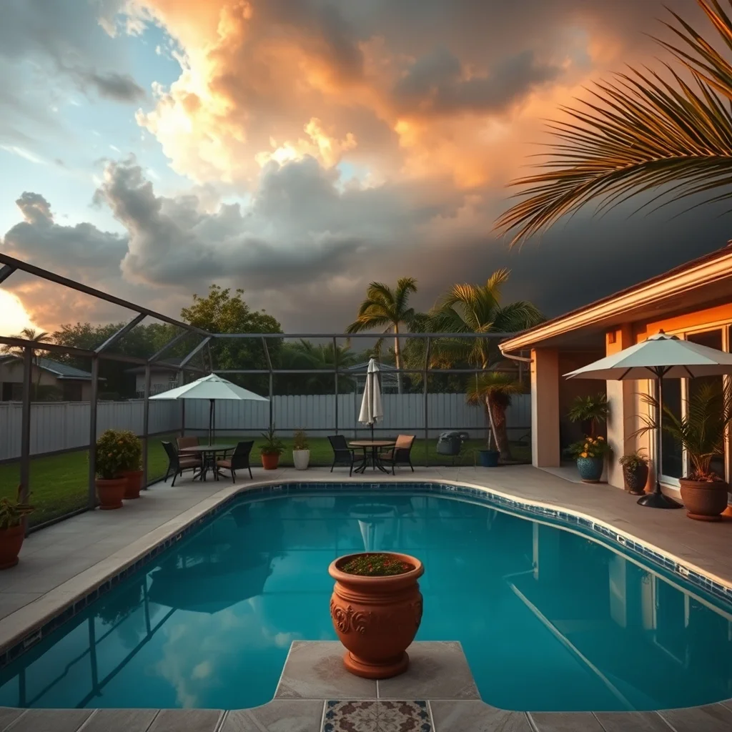 Florida backyard swimming pool with a screen enclosure being prepared before a hurricane, patio furniture stored away